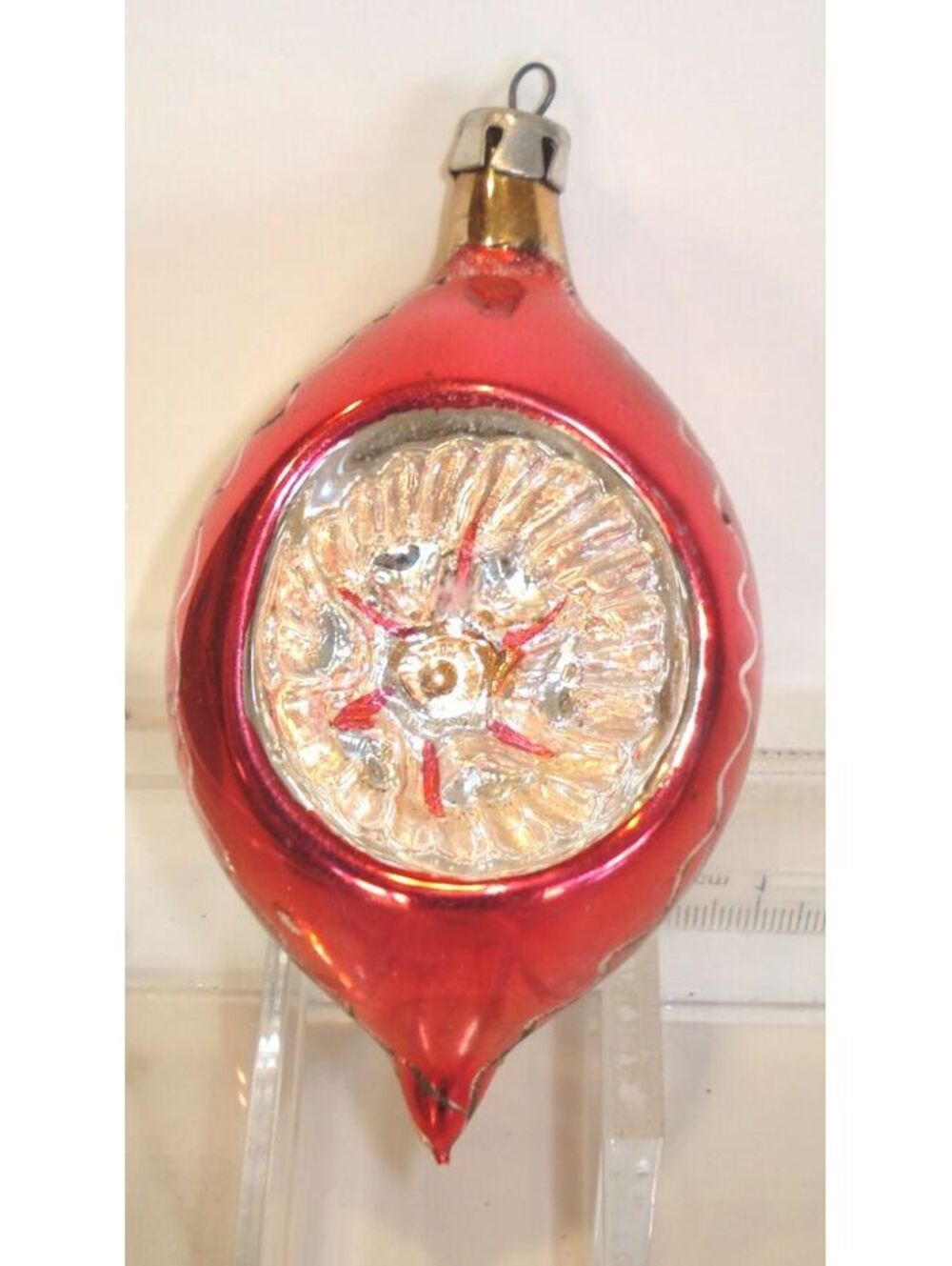 Vintage Polish Glass Mercury Christmas Ornament W/ Red & Gold Paint + Indented